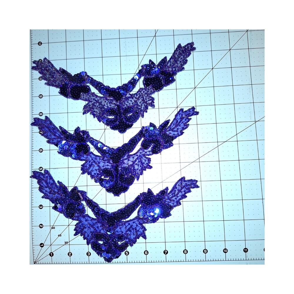 Blue and blue iris sequin and bead neckline appliques set of 3